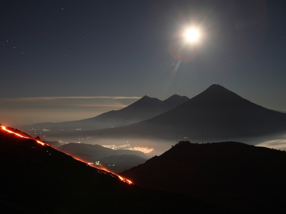 Volcano, Guatemala, volcanic mountains, sky, stars, city lights